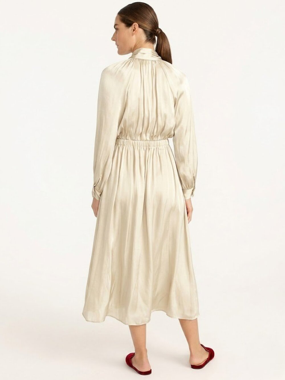 NWT J.Crew Featherweight Satin Tie-Neck Midi in Antique White Side Slit Dress M - Picture 3 of 7